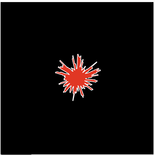The use of Amplitude() to analyze the loudness of an audio file and convert it into a radial visualization. Lines extend outward from the center in all directions, with their lengths mapped to the current amplitude, creating a dynamic starburst that reacts to the sound.